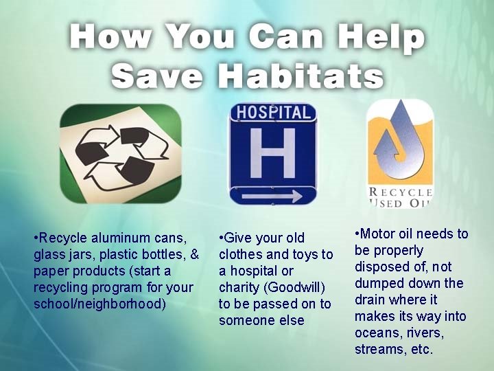  • Recycle aluminum cans, glass jars, plastic bottles, & paper products (start a