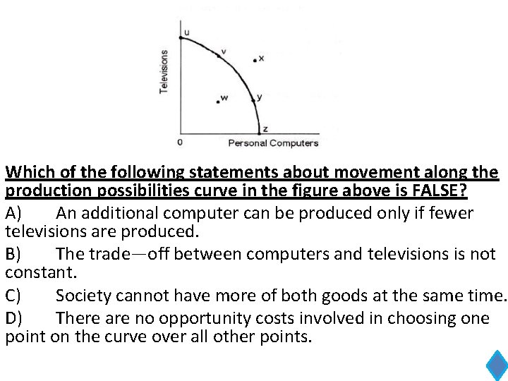 Which of the following statements about movement along the production possibilities curve in the