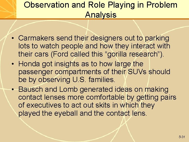 Observation and Role Playing in Problem Analysis • Carmakers send their designers out to Observation and Role Playing in Problem Analysis • Carmakers send their designers out to