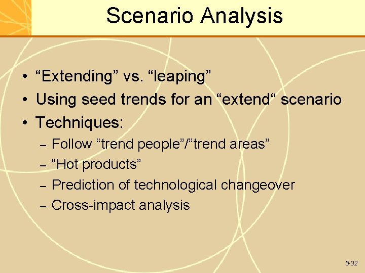 Scenario Analysis • “Extending” vs. “leaping” • Using seed trends for an “extend“ scenario Scenario Analysis • “Extending” vs. “leaping” • Using seed trends for an “extend“ scenario