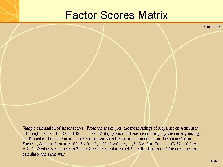 Factor Scores Matrix Figure 6. 8 Sample calculation of factor scores: From the snake Factor Scores Matrix Figure 6. 8 Sample calculation of factor scores: From the snake