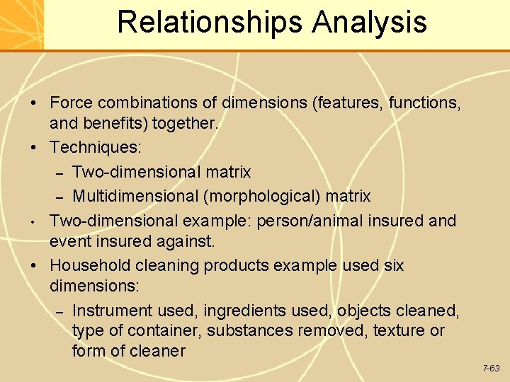 Relationships Analysis • Force combinations of dimensions (features, functions, and benefits) together. • Techniques: Relationships Analysis • Force combinations of dimensions (features, functions, and benefits) together. • Techniques: