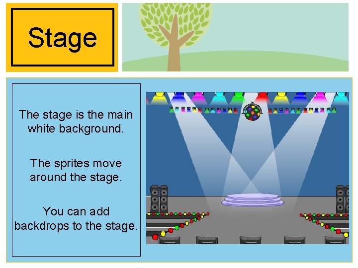 Stage The stage is the main white background. The sprites move around the stage.