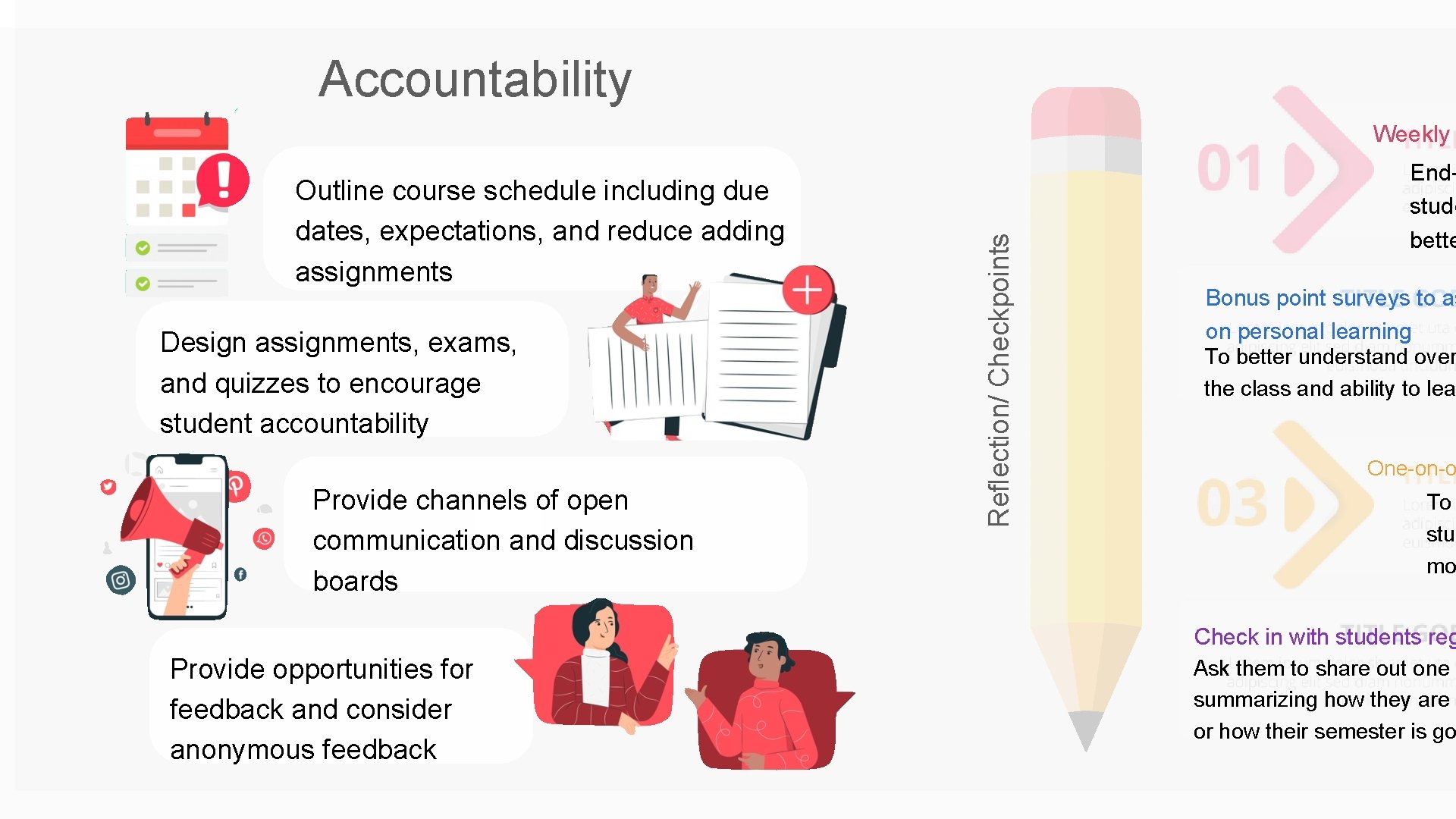 Accountability Outline course schedule including due dates, expectations, and reduce adding assignments Design assignments,