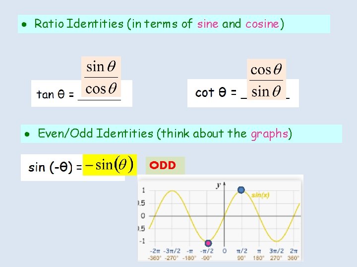  Ratio Identities (in terms of sine and cosine) Even/Odd Identities (think about the