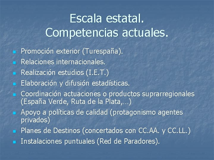 Escala estatal. Competencias actuales. n n n n Promoción exterior (Turespaña). Relaciones internacionales. Realización