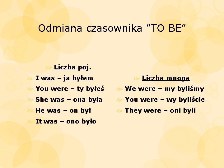 Odmiana czasownika ”TO BE” Liczba poj. I was – ja byłem Liczba mnoga You