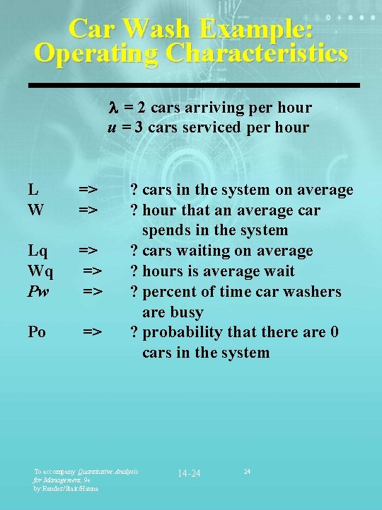 Car Wash Example: Operating Characteristics = 2 cars arriving per hour u = 3