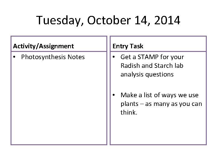 Tuesday, October 14, 2014 Activity/Assignment Entry Task • Photosynthesis Notes • Get a STAMP