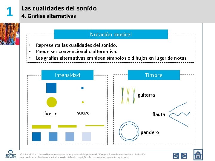 1 Las cualidades del sonido 4. Grafías alternativas Notación musical • Representa las cualidades