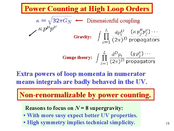 Power Counting at High Loop Orders Dimensionful coupling Gravity: Gauge theory: Extra powers of