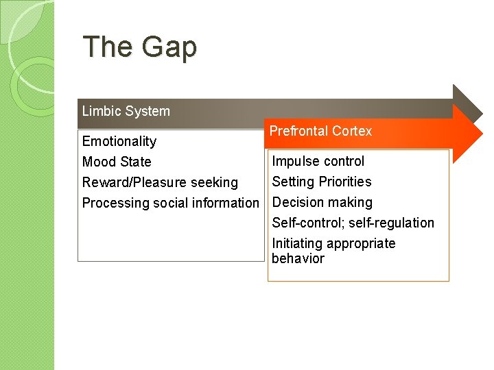 The Gap Limbic System Prefrontal Cortex Emotionality Impulse control Mood State Setting Priorities Reward/Pleasure