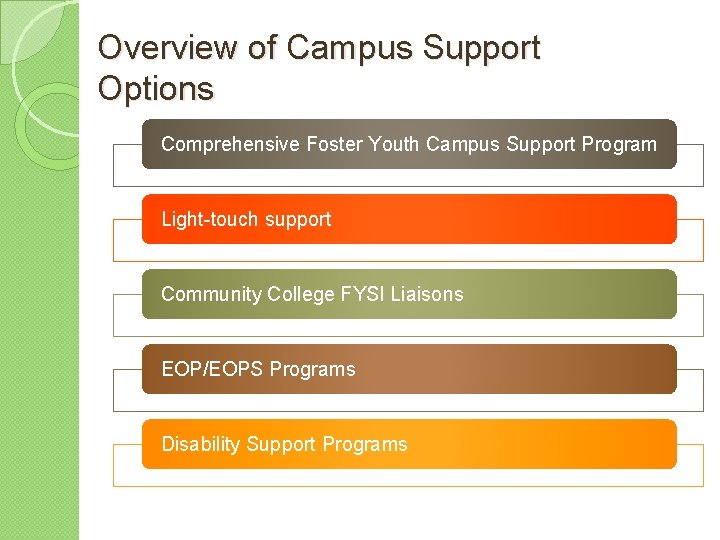 Overview of Campus Support Options Comprehensive Foster Youth Campus Support Program Light-touch support Community