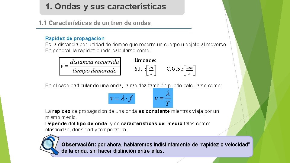 1. Ondas y sus características 1. 1 Características de un tren de ondas Rapidez