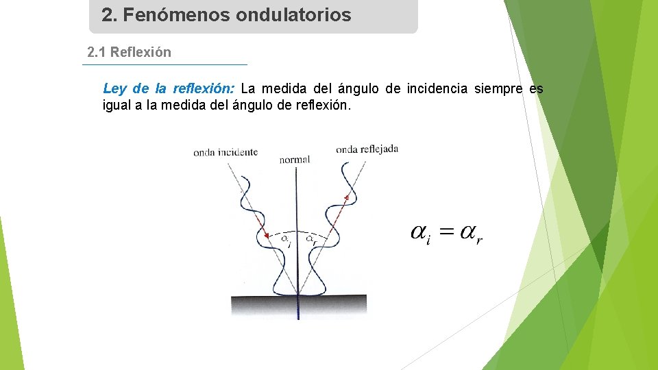 2. Fenómenos ondulatorios 2. 1 Reflexión Ley de la reflexión: La medida del ángulo