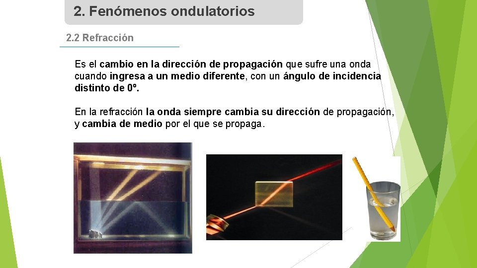 2. Fenómenos ondulatorios 2. 2 Refracción Es el cambio en la dirección de propagación