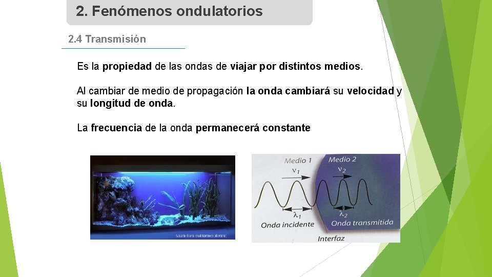 2. Fenómenos ondulatorios 2. 4 Transmisión Es la propiedad de las ondas de viajar