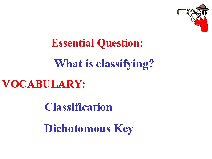 Essential Question: What is classifying? VOCABULARY: Classification Dichotomous Key 