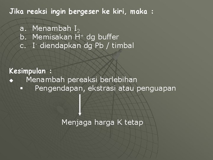 Jika reaksi ingin bergeser ke kiri, maka : a. Menambah I 2 b. Memisakan