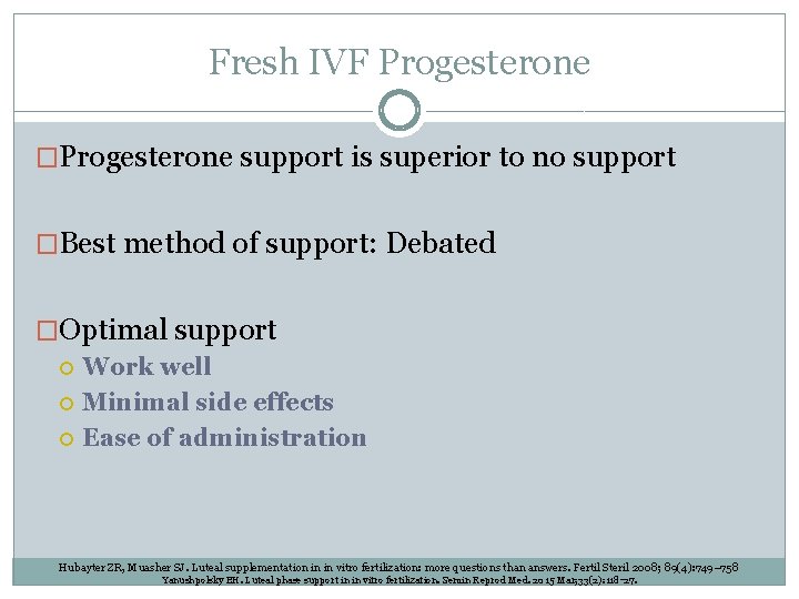 Fresh IVF Progesterone �Progesterone support is superior to no support �Best method of support: