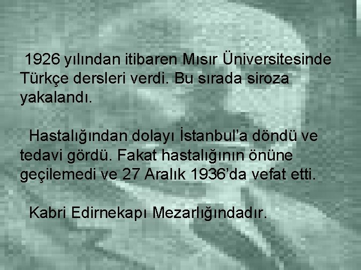 1926 yılından itibaren Mısır Üniversitesinde Türkçe dersleri verdi. Bu sırada siroza yakalandı. Hastalığından dolayı