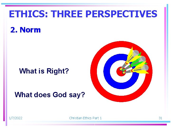 ETHICS: THREE PERSPECTIVES 2. Norm What is Right? What does God say? 1/7/2022 Christian