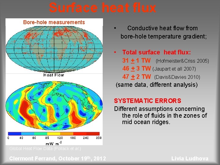 Surface heat flux Bore-hole measurements • Conductive heat flow from bore-hole temperature gradient; •