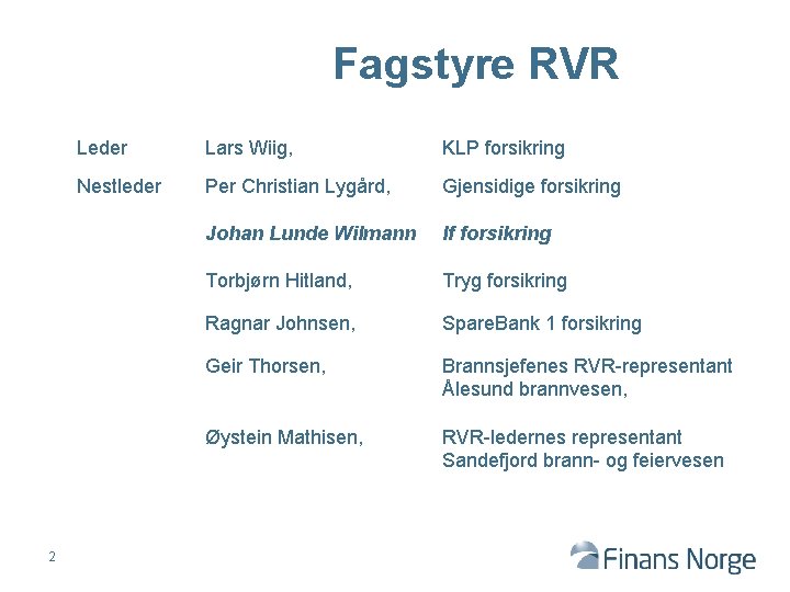 Fagstyre RVR 2 Leder Lars Wiig, KLP forsikring Nestleder Per Christian Lygård, Gjensidige forsikring