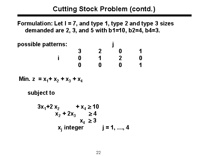 Cutting Stock Problem (contd. ) Formulation: Let l = 7, and type 1, type