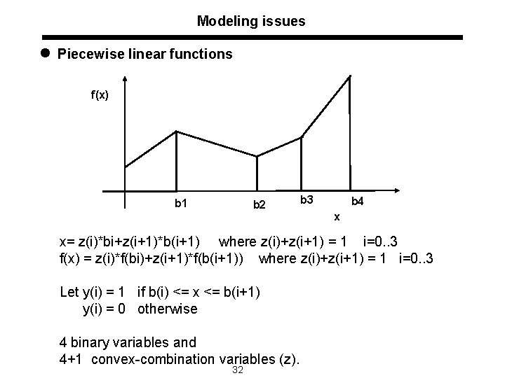 Modeling issues l Piecewise linear functions f(x) b 1 b 2 b 3 b