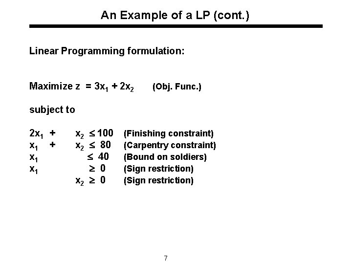 An Example of a LP (cont. ) Linear Programming formulation: Maximize z = 3