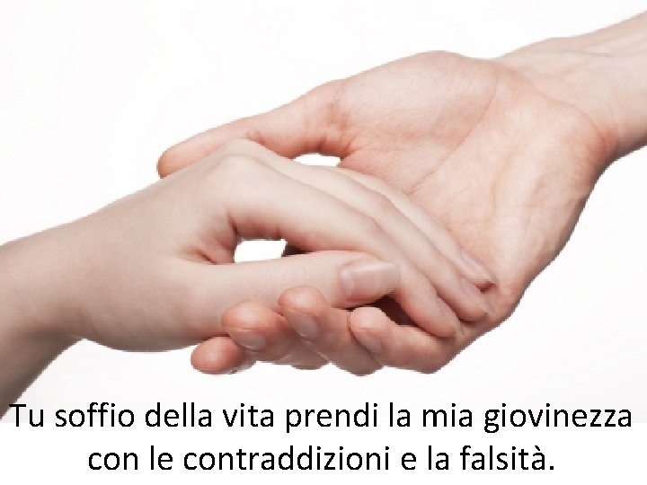 Tu soffio della vita prendi la mia giovinezza con le contraddizioni e la falsità. Tu soffio della vita prendi la mia giovinezza con le contraddizioni e la falsità.