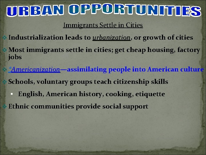 Immigrants Settle in Cities v Industrialization leads to urbanization, urbanization or growth of cities