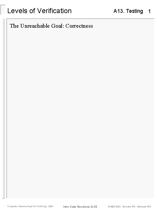 Levels of Verification A 13. Testing 1 The Unreachable Goal: Correctness Computer Science Dept