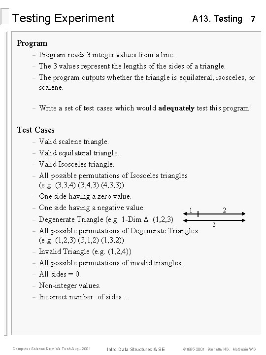 Testing Experiment A 13. Testing 7 Program – – Program reads 3 integer values