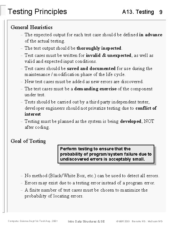 Testing Principles A 13. Testing 9 General Heuristics – – – – The expected