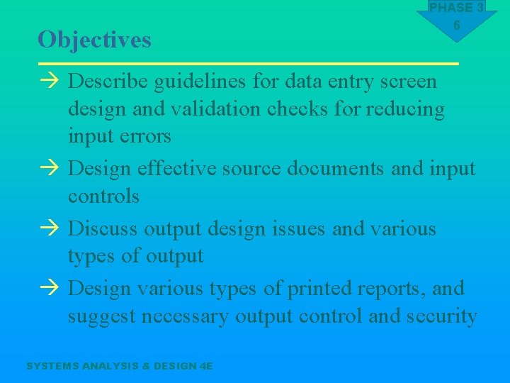 Objectives PHASE 3 6 à Describe guidelines for data entry screen design and validation
