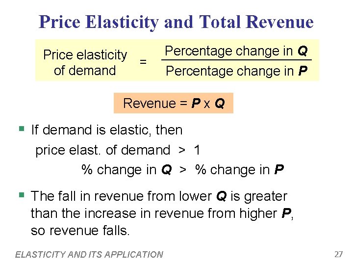 Price Elasticity and Total Revenue Price elasticity = of demand Percentage change in Q