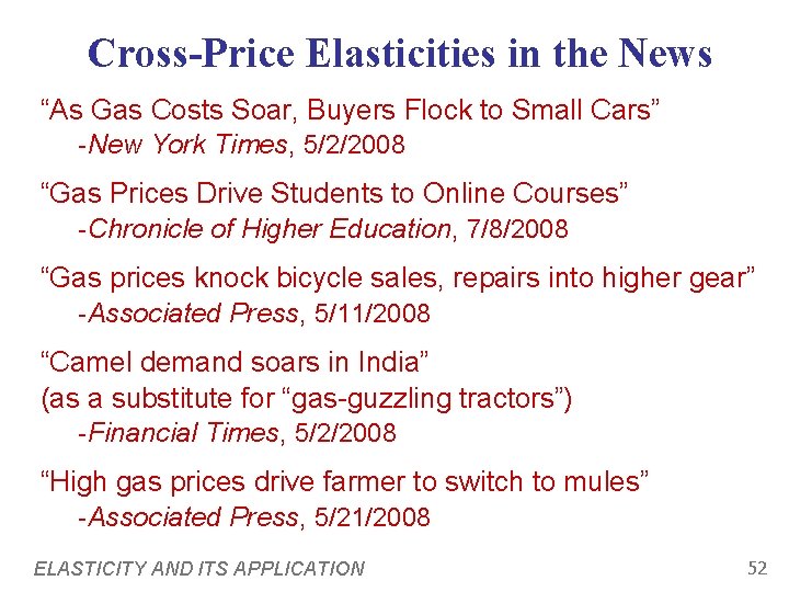 Cross-Price Elasticities in the News “As Gas Costs Soar, Buyers Flock to Small Cars”