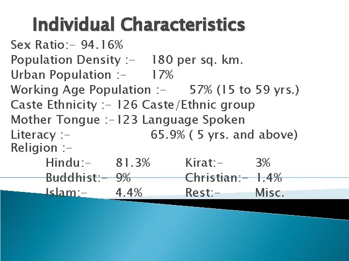 Individual Characteristics Sex Ratio: - 94. 16% Population Density : - 180 per sq.