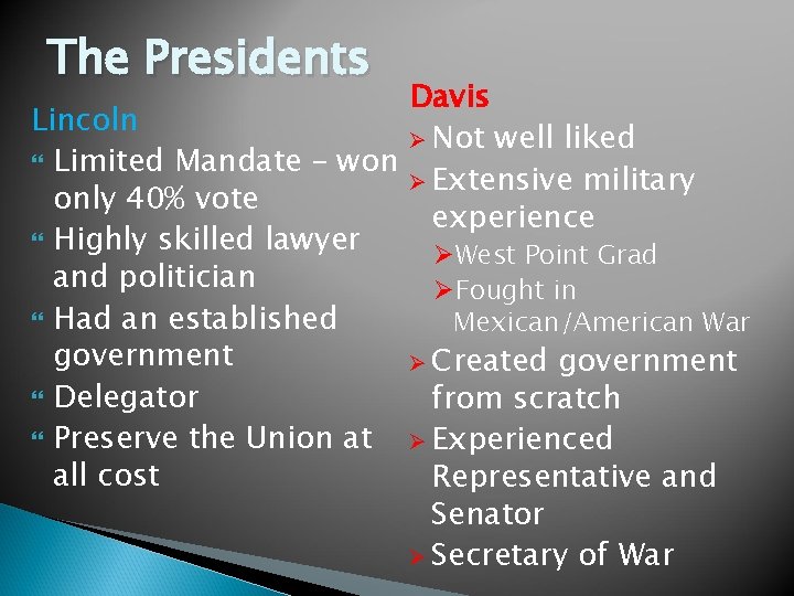 The Presidents Davis Lincoln Ø Not well liked Limited Mandate – won Ø Extensive