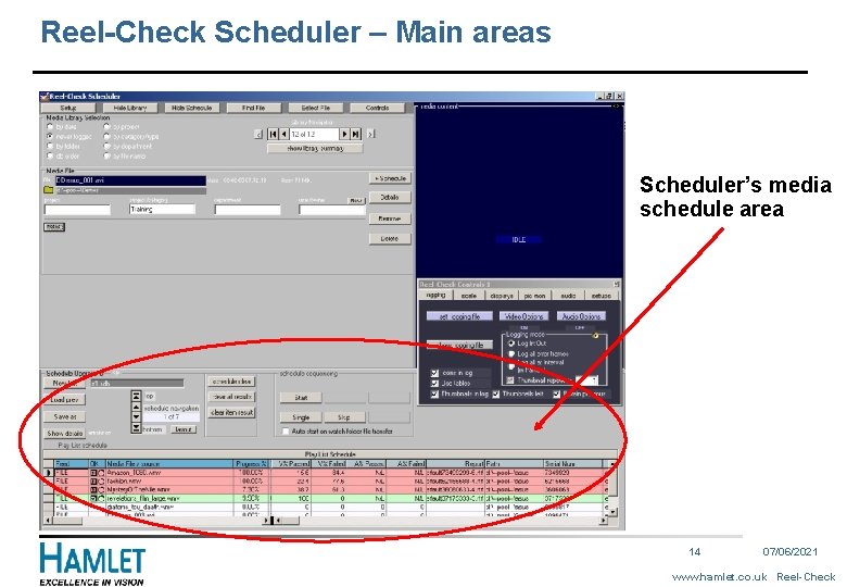 Reel-Check Scheduler – Main areas Scheduler’s media schedule area Main area schedule 14 07/06/2021