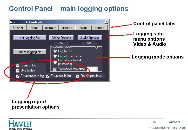 Control Panel – main logging options Control panel tabs Logging submenu options Video &