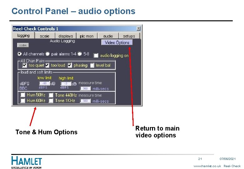 Control Panel – audio options Tone & Hum Options Return to main video options