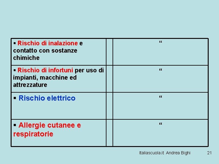 § Rischio di inalazione e contatto con sostanze chimiche “ § Rischio di infortuni