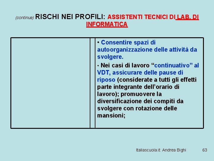 (continua) RISCHI NEI PROFILI: ASSISTENTI TECNICI DI LAB. DI INFORMATICA • Consentire spazi di