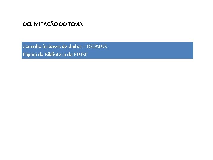 DELIMITAÇÃO DO TEMA Consulta às bases de dados – DEDALUS Página da Biblioteca da