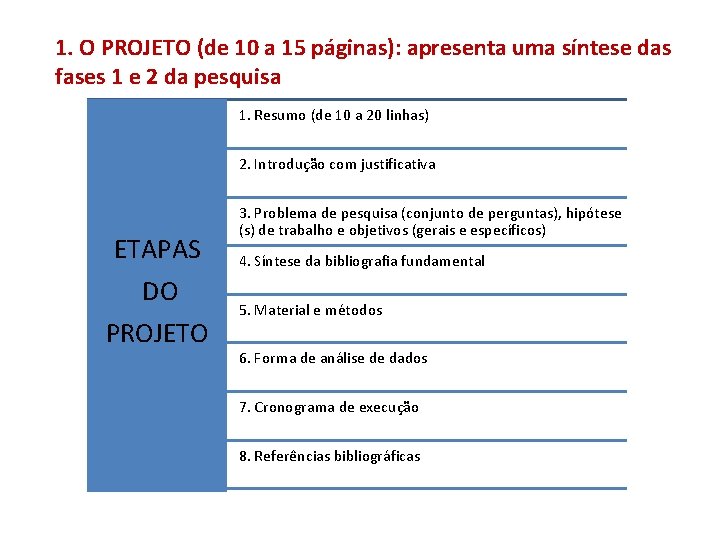 1. O PROJETO (de 10 a 15 páginas): apresenta uma síntese das fases 1