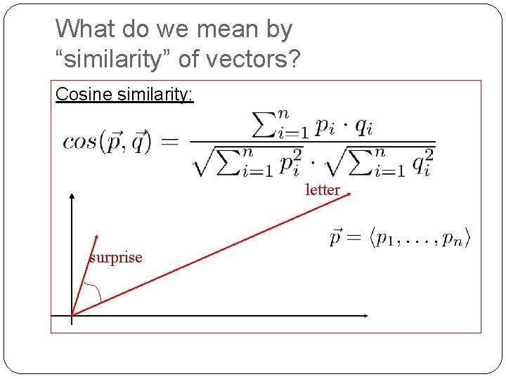 What do we mean by “similarity” of vectors? Cosine similarity: letter surprise 