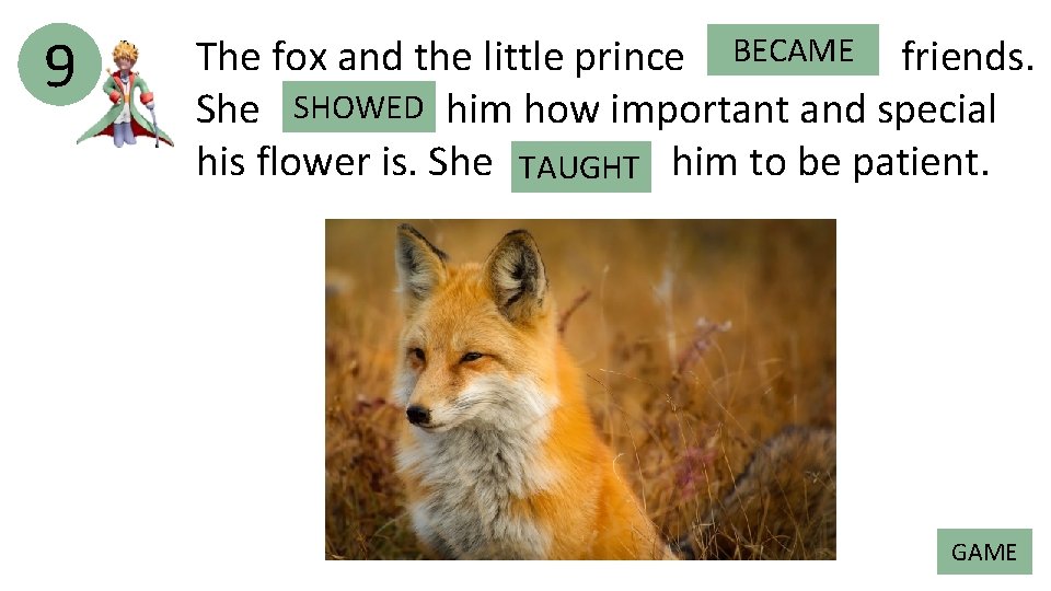 9 BECAME friends. The fox and the little prince BECOME She SHOWED SHOW him